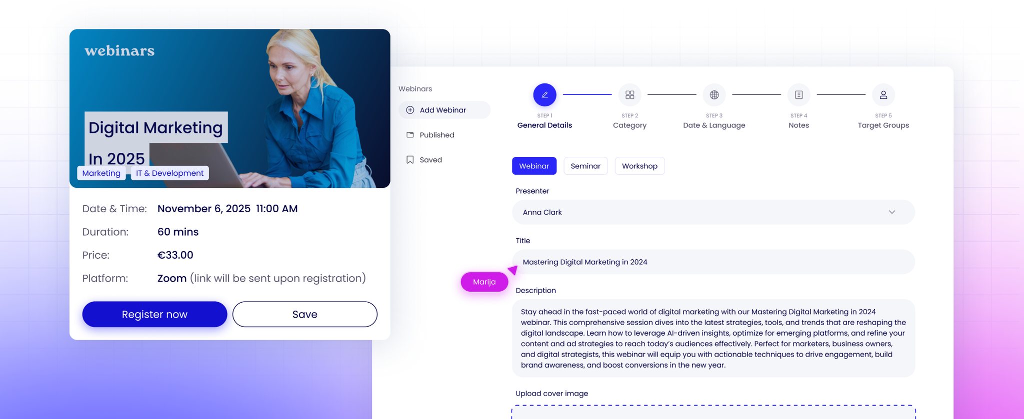 Kreiraj webinar interfejs